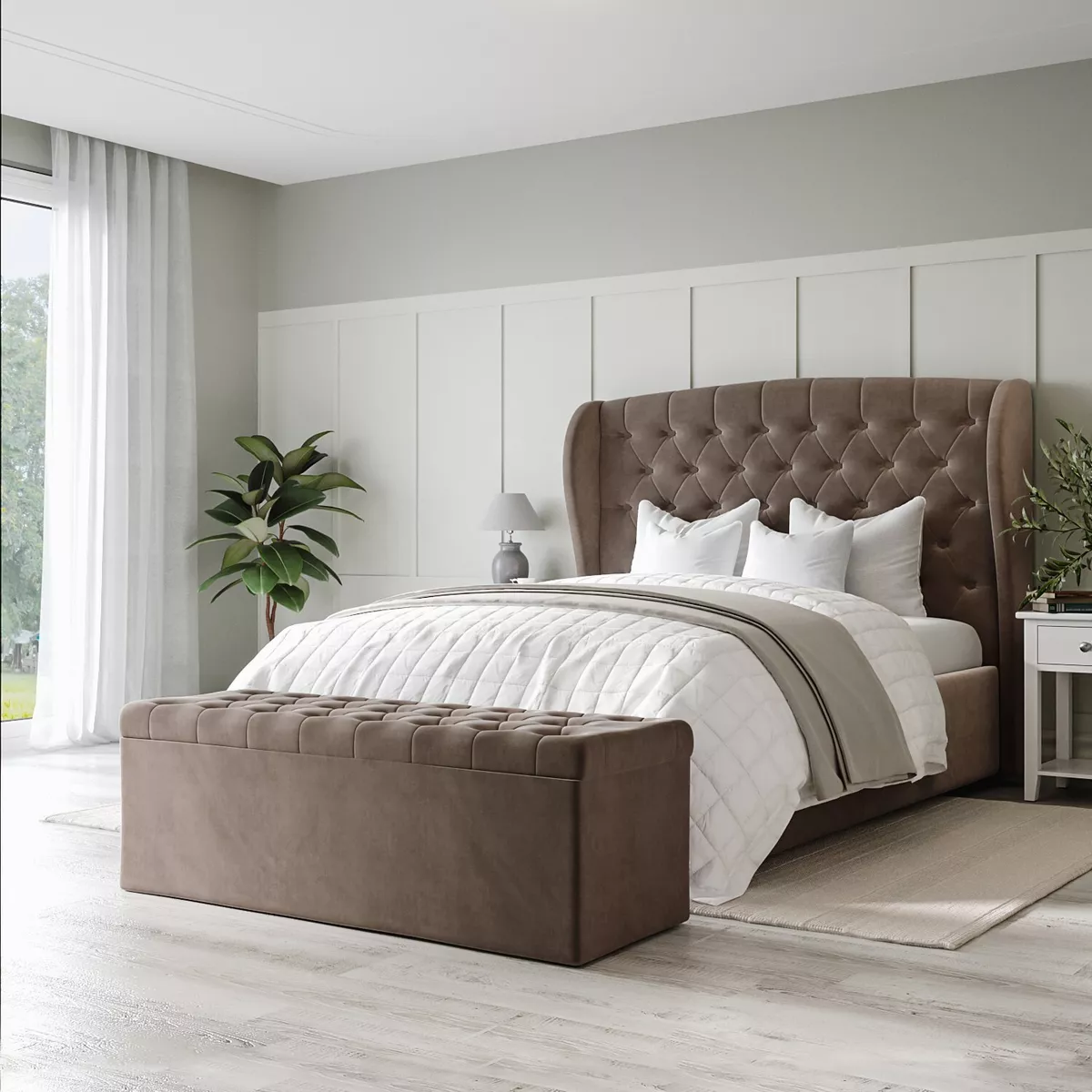 Mink Brown Velvet Double Ottoman Bed with Blanket Box Safina BUN