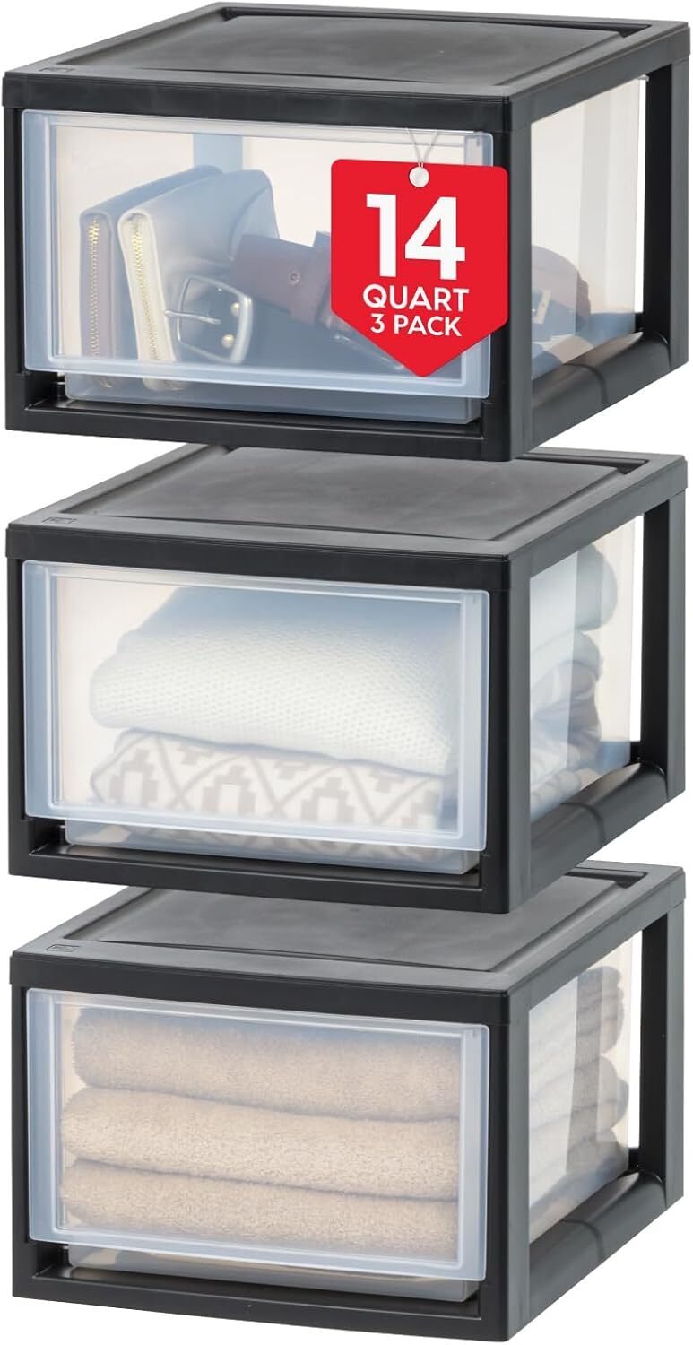 14.5 Qt. Plastic Drawer Storage Organizer Stacking Drawers, 3-Pack,Black