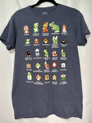 Nintendo Cool Gray Ladies Super Mario Luigi Classic 8 Bit Atari Shirt Small