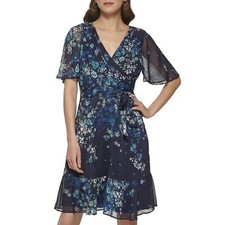 DKNY Women's Short Sleeve Ruffle Hem Faux Wrap Mini Dress, Midnight Floral, 4