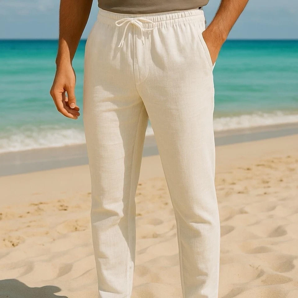 Pantaloni di lino uomo bianco elasticizzati con elastico in vita estivi cotone M - Immagine 3 di 4