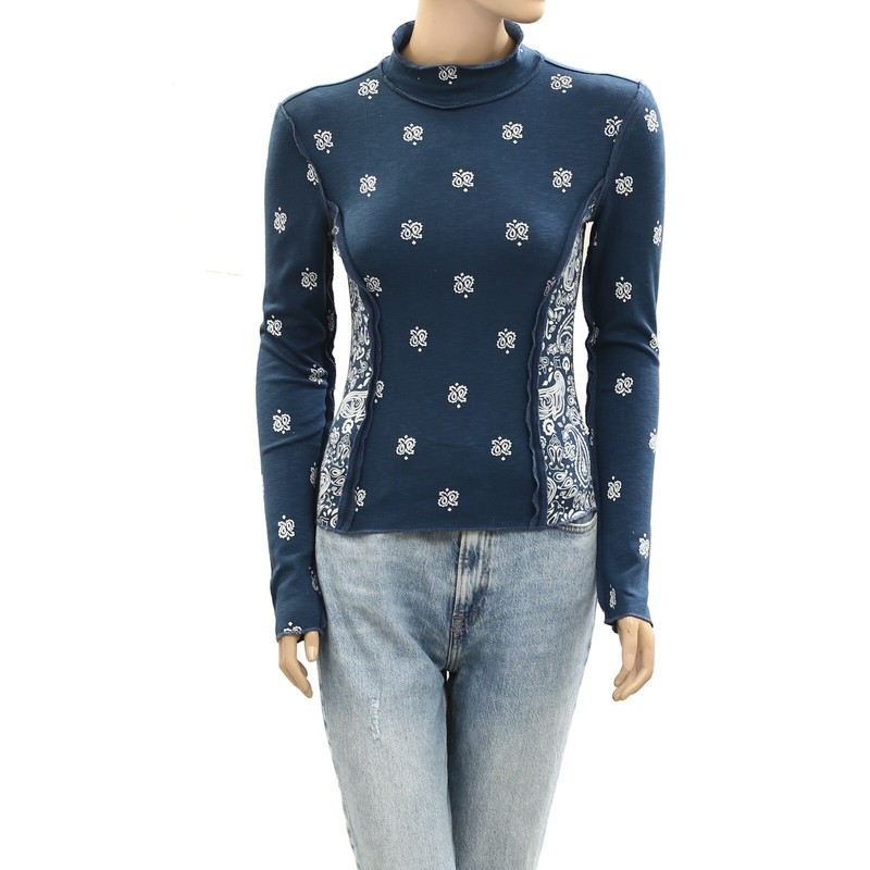 Anthropologie Pilcro Turtleneck Cotton-Slub Blouse Top Printed Blue XXS 276980