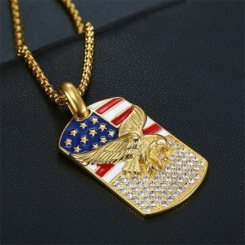 Gold American Flag Eagle Dog Tag Charm Pendant - Stainless Steel America - Picture 4 of 8