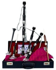 Great Highland Bagpipe Black Finish Silver Mounts Pink Velvet Cover Tutor Book
