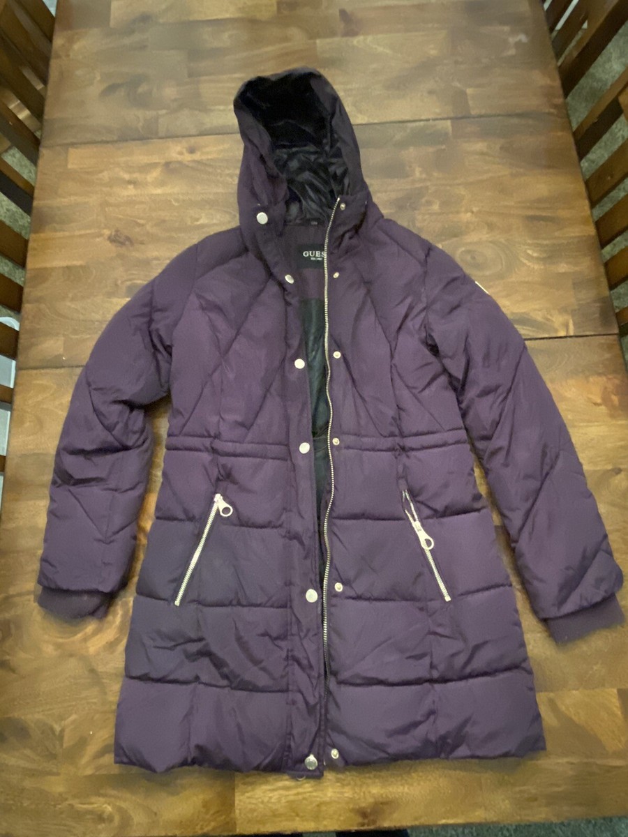 Guess Womens Long Coat Small Purple Hooded 3/4 Length Insulated Puffer