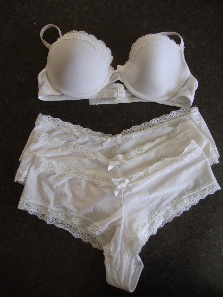 New Look Pink And White Striped Underwired Moulded With Lace Trim Bra Size 34B - Image 4 of 4