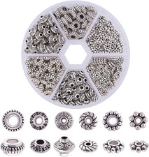 300Pcs 6 Style Antique Silver Spacer Beads, Tibetan Metal Alloy Tube Spacers Flo