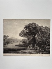Antica incisione paesaggio italiano con figure un fiume ponte barca 1741