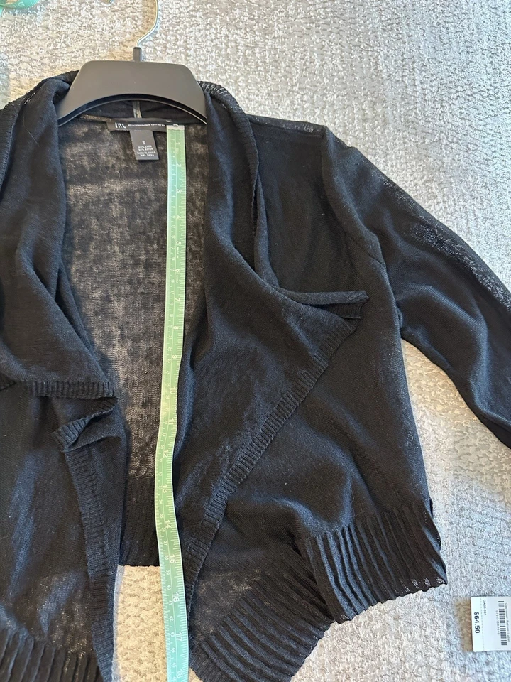 I-N-C Semi-sheer Cropped Linen Sweater in Black, 3/4 Sleeves, Shawl Collar NWT - Image 2 of 4