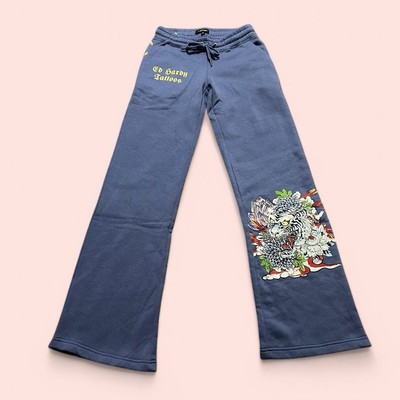 Y2K Ed Hardy Womens Blue Tiger Print Graphic Flare Sweatpants