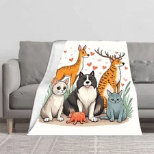 Cozy Flannel Blanket with Whimsical Animal Design & Heart Pattern - Soft Warm 