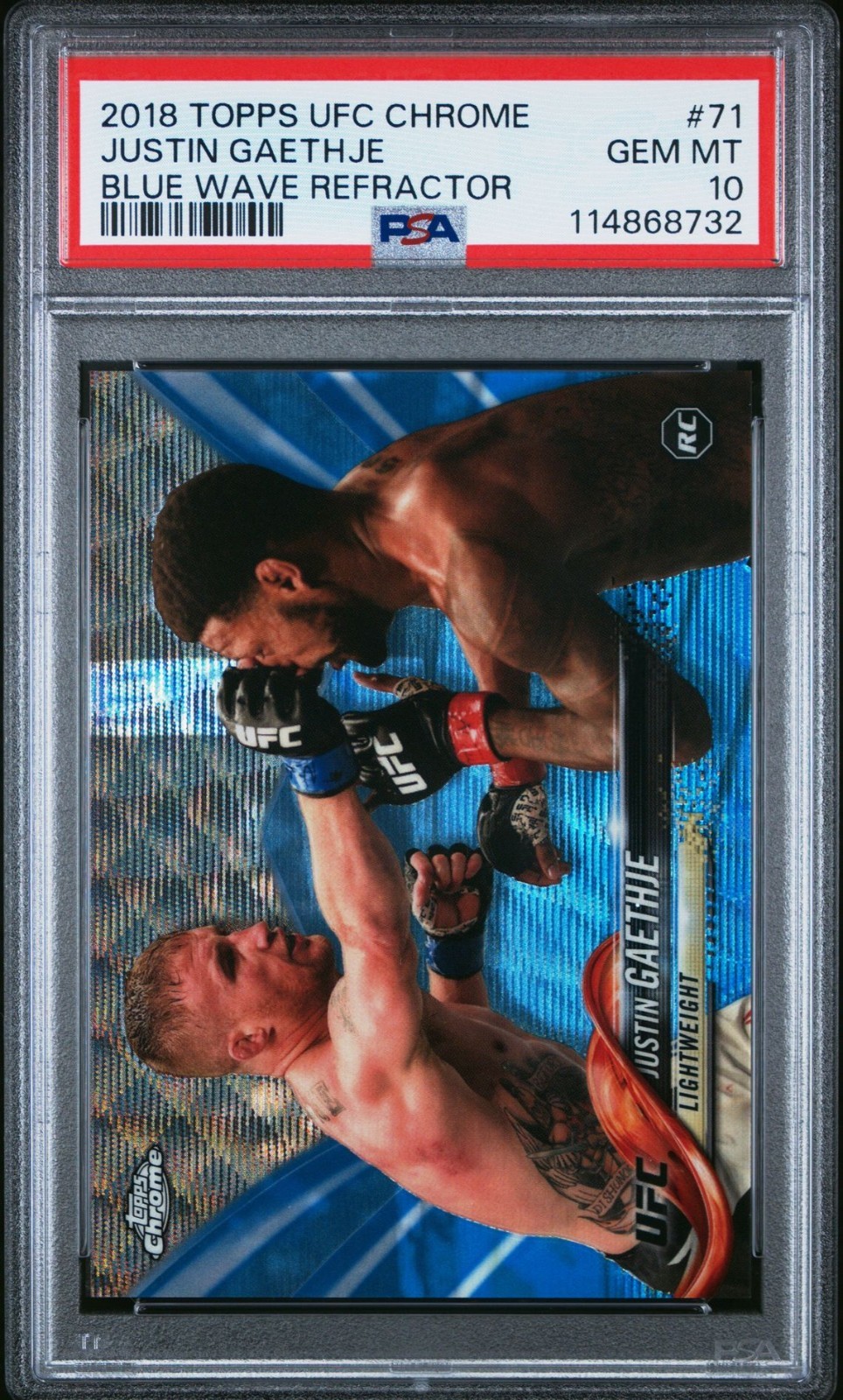 2018 Topps Chrome UFC Justin Gaethje #71 Blue Wave Refractor /75 (RC) PSA 10