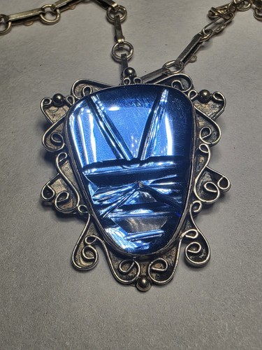 Vintage signierter JV Heche en Mexico Sterlingsilber blaues Glas Anhänger 22" Kette