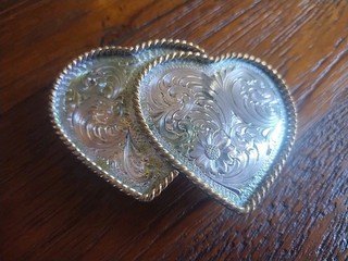 Vintage Montana Silversmith Silver Overlay Double Hearts Western Cowboy Engraved