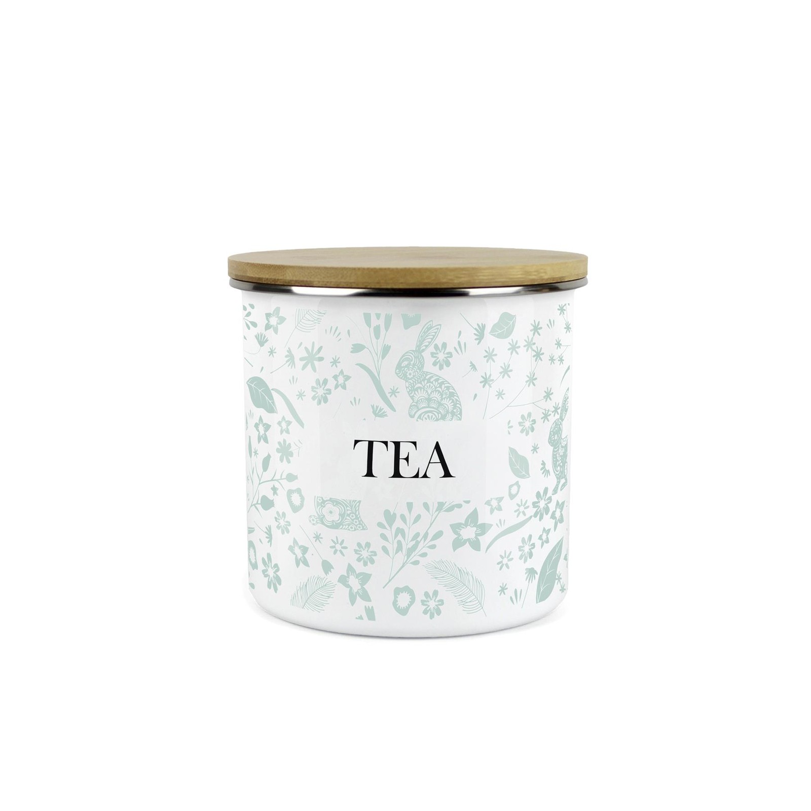 Green Rabbits Tea Canister - Floral Enamel Kitchen Storage Jar Gift