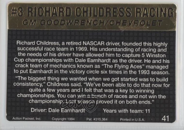 1994 Action Packed Dale Earnhardt #3 Richard Childress Racing #41 HOF - Image 2 of 2