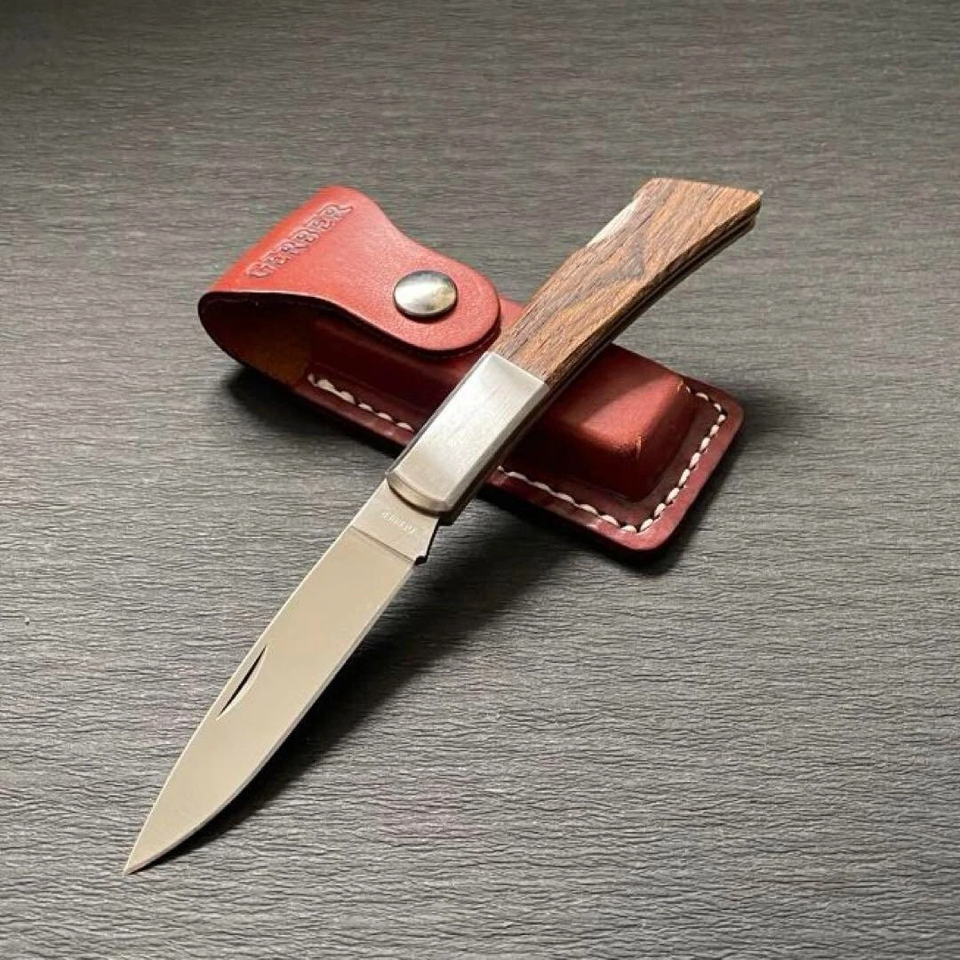 GERBER Silver Knight 300A Folding Knife with Leather case JAPAN