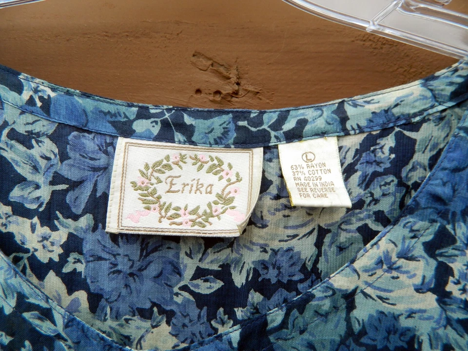 Vestido Erika Midi Vintage L Azul Floral Concha Botón Frontal Rayón Años 90’s Foto 3 de 4