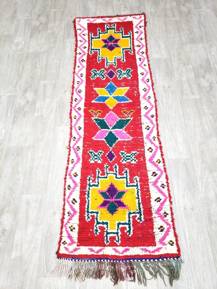 Vintage Geometric Berber Runner Rug 2x7 Moroccan Handmade Red Cotton Boujaad Rug - Image 2 of 4