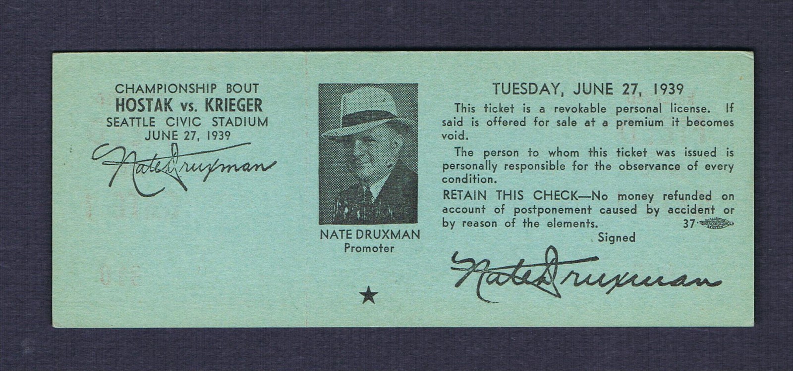 VERY RARE 1939 CHAMPIONSHIP Al Hostak vs Solly Krieger boxing ticket