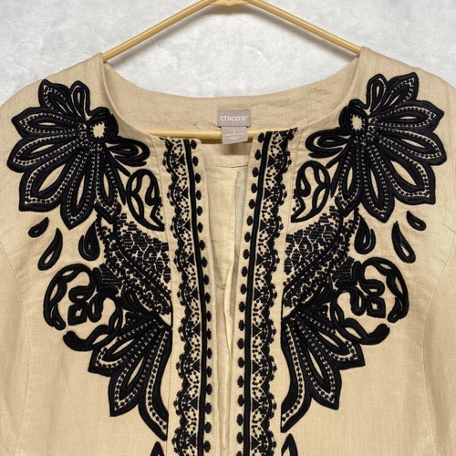 Chico's Embroidered Linen Jacket Open Front Beige Black Size 3 (16/18) - Picture 3 of 11
