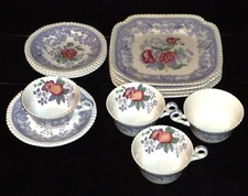 Vintage Spode Mayflower Square Salad Plates, Cups & Saucers