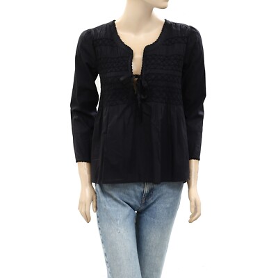 Odd Molly Anthropologie Smocked Solid Blouse Top Black Cotton Lace S-1 259958