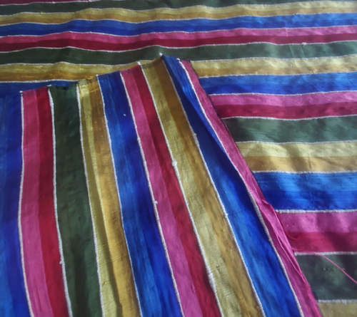 Striped Fine Silk Weave Fabric Red Green Gold Blue Decorator Dress 45"W x 6½ Yds - Picture 7 of 9