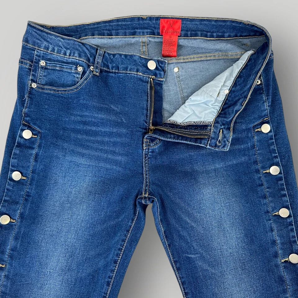 V Cristina 牛仔裤 14 码喇叭纽扣下腿从臀部到下摆超弹力 — 第 4/4 张图片