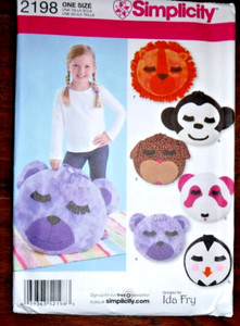 Simplicity One Size Pattern 2198 Animal Pillow Toys Monkey Bear Lion Panda