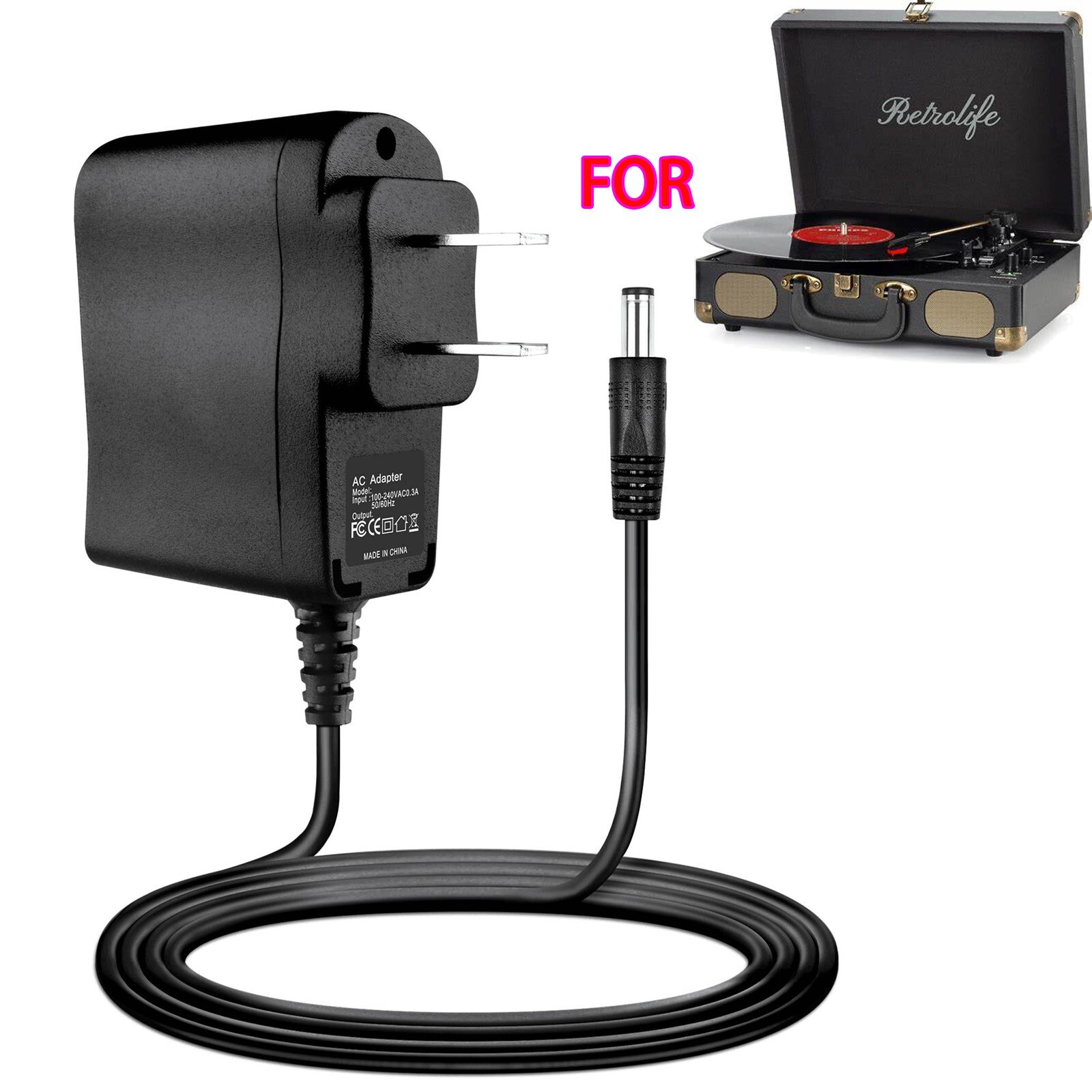 5V Charger for Retrolife R609 Vinyl Record Player 3-Speed Bluetooth Suitcase