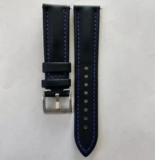 22mm BLACK Real Sailcloth Apple Watch Strap With Adaptors BLUE Stitch