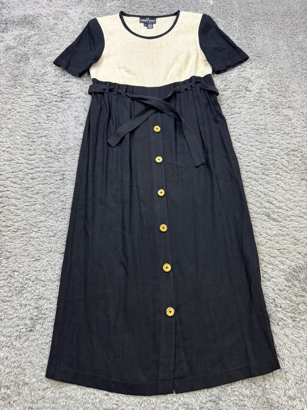 Vtg Carole Little Dress Women 2 Petite Colorblock Linen Peasant Lagenlook Maxi