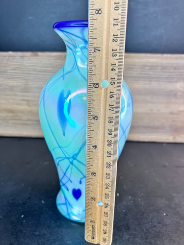 Fenton Fetty blaue hängende Herzen auf Weide grün opalisierende Glasvase ohne Logo - Bild 9 von 9