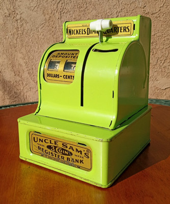 Vtg 1950s Uncle Sam's 3 COIN REGISTER BANK Mechanical WORKS Dime Nickel Quarter
