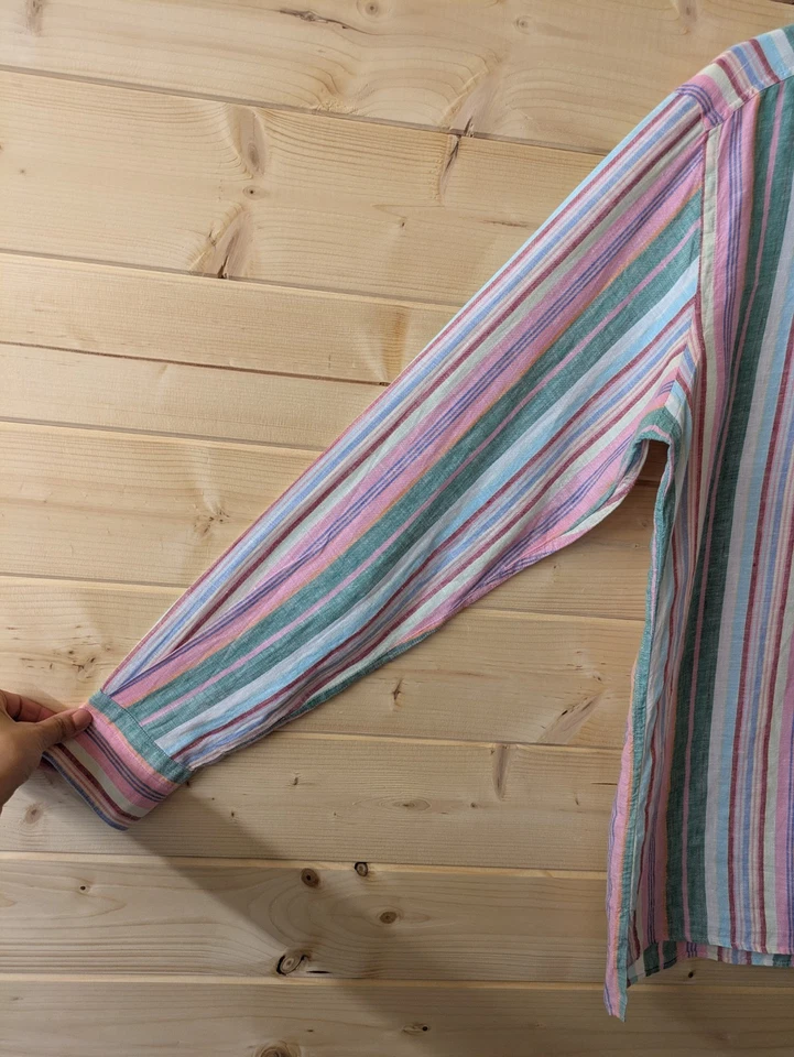 Camisa Gran Sasso Italia 100% Lino Multicolor Arco Iris Rayas Botón Bolsillo 46  Foto 3 de 4