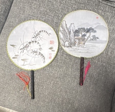 Lot of 2 Chinese Round Silk Hand Fans w/ Bamboo Handles