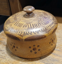 Round Inlay Carved Wood Trinket Box