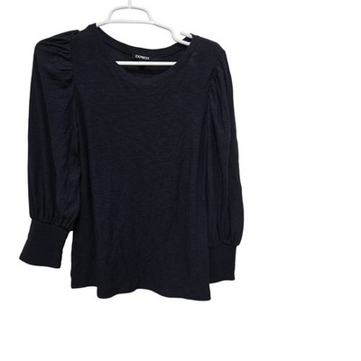 Express Womens Medium Navy Puff Sleeve Knit Top Cotton Modal Stretch Blouse