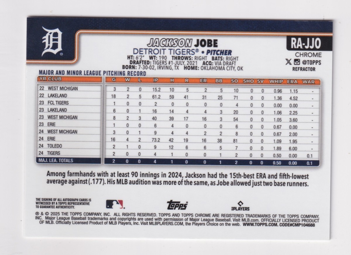 2025 Topps Chrome REFRACTOR AUTOGRAPH #RA-JJO JACKSON JOBE 445/449
