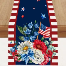Linen Watercolor Red White and Blue American Flag Stars Table Runner 60 Inches L