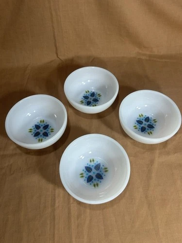 Vintage White Glass Bowls with Blue and Green Flowers and Leaves Design Set of 4