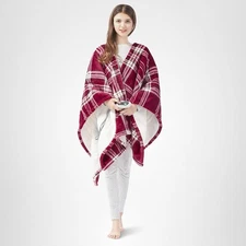 Wearable Heated Sherpa Poncho Blanket, Soft Fleece, 3 Heat Settings Auto Off Red