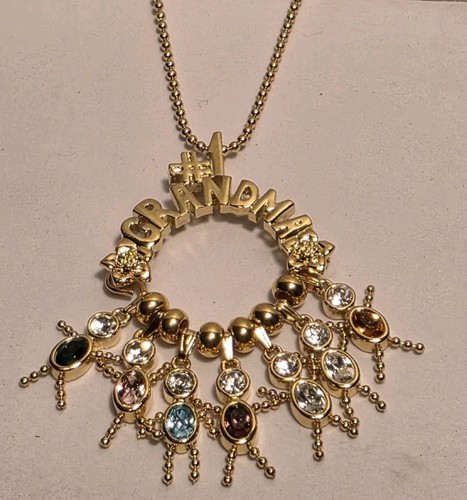 Vint #1 Grandma Charm Holder Pendant Necklace Gold Tone 7 Children Multi Colors - Bild 3 von 13