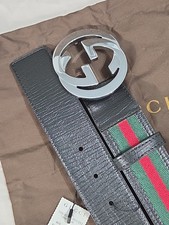 Gucci Black Green Red Striped Belt Size 38-40 IT 110CM Silver Buckle