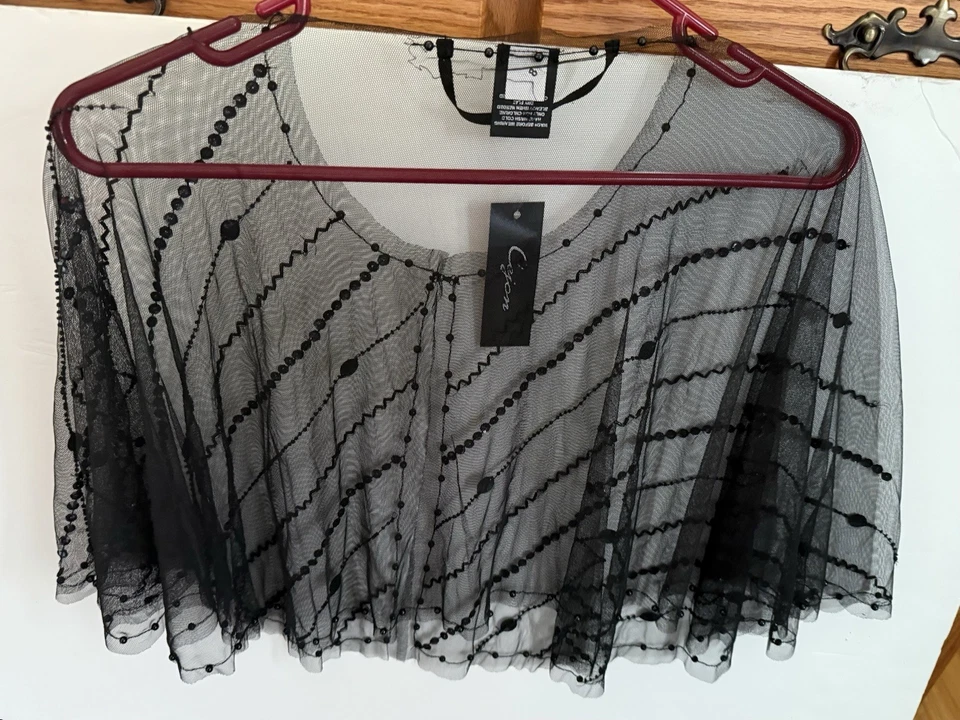 Cejon Women Nwt Black Beaded Sheer Elegant Evening Wrap Cape Shawl Shrug Sharp - Image 4 of 4