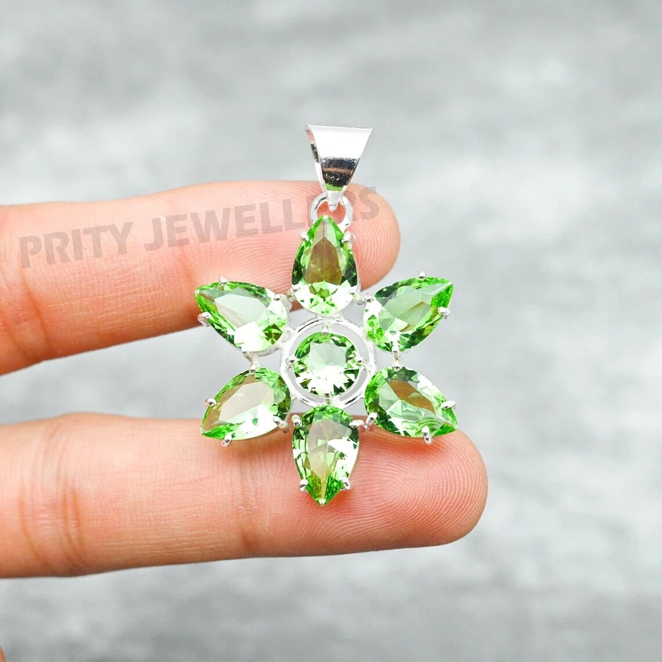 Peridot Flower Pendant 925 Sterling Silver Handmade Gemstone Jewelry Gift - Image 2 of 4