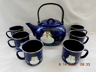 Golden Rabbit II Snowman Cobalt Blue Enamelware Teapot Kettle w/6 Cups w2s10