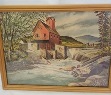 Vintage Framed Cottage Landscape Red Water Mill Country Art Print