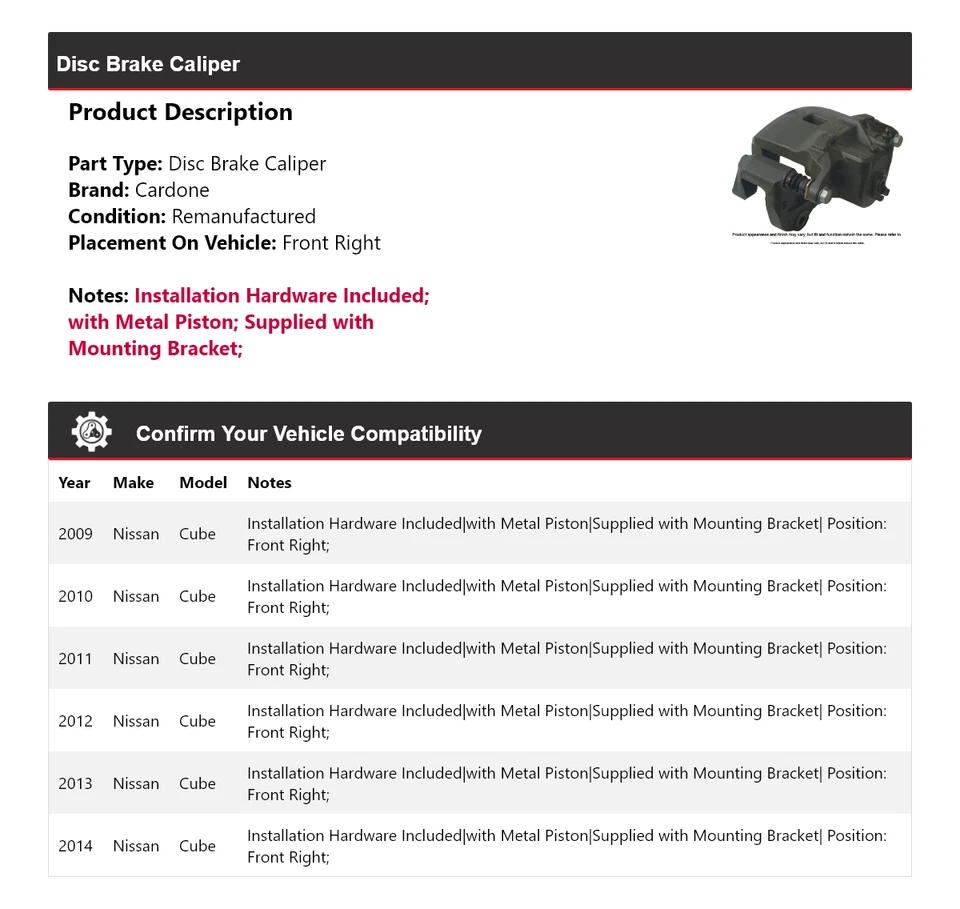 Pinza de freno de disco delantera derecha cardone 2010 2011 2012 Nissan Cube 2009-2014 Foto 2 de 4